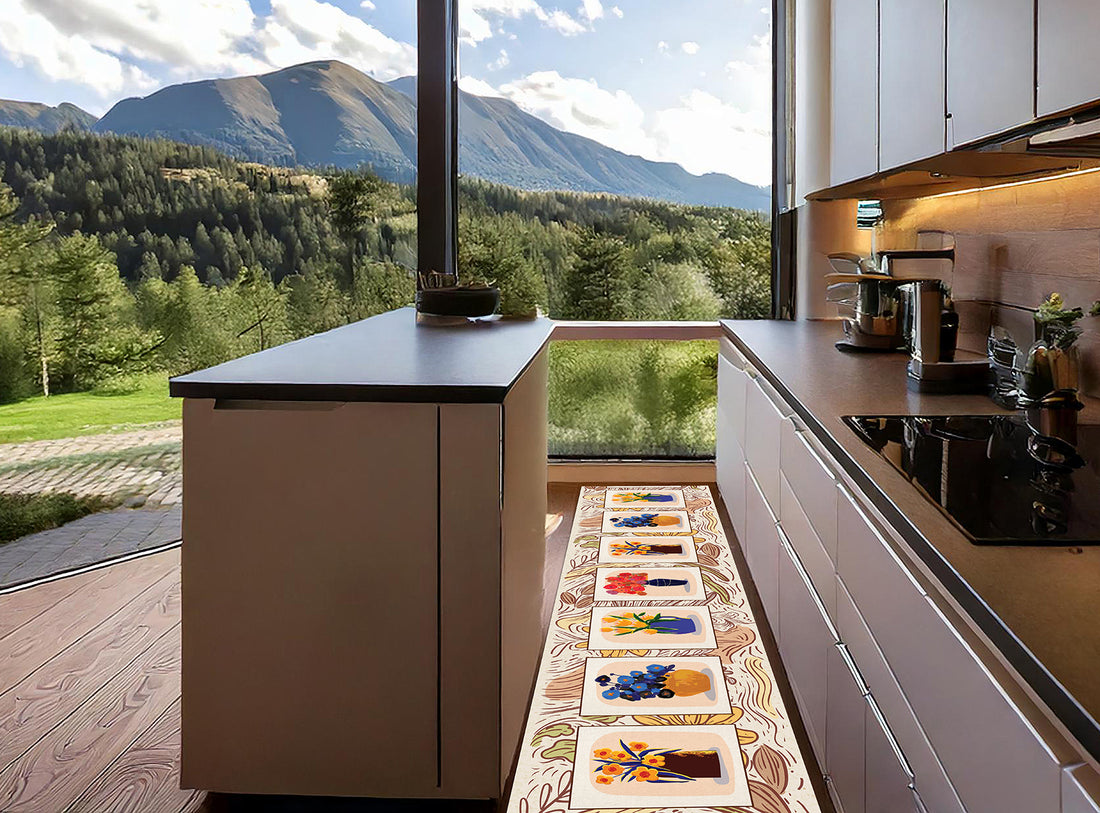 Passatoia Cucina Daily Joy displayed in a modern kitchen with scenic mountain views, vibrant design and contemporary aesthetics.