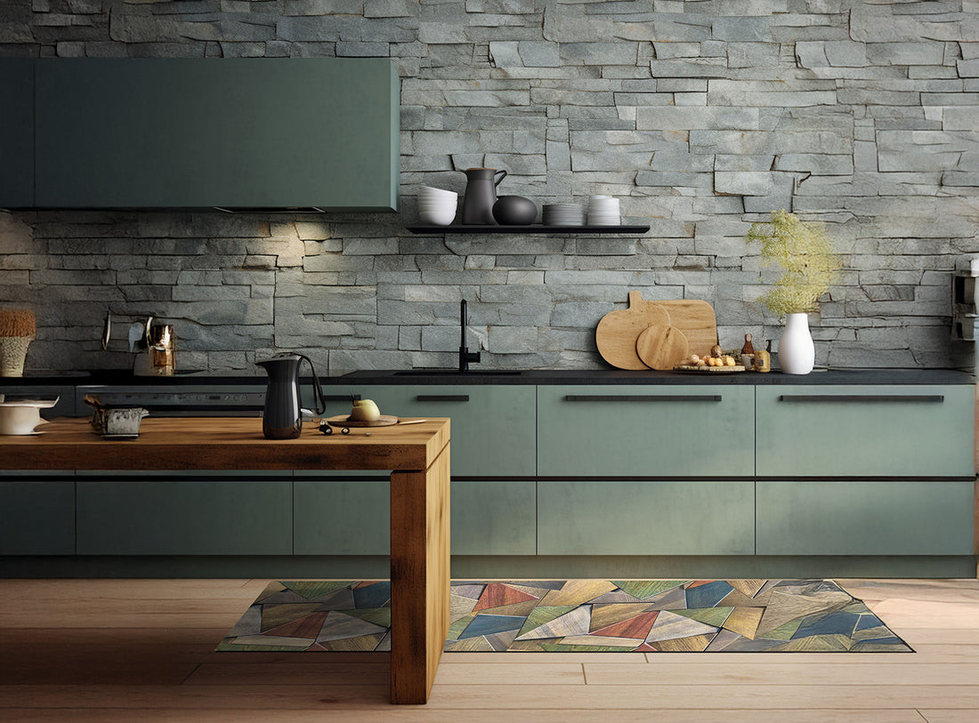 Passatoia Cucina Daily Incastro in una cucina moderna con pareti in pietra e piano di lavoro elegante.