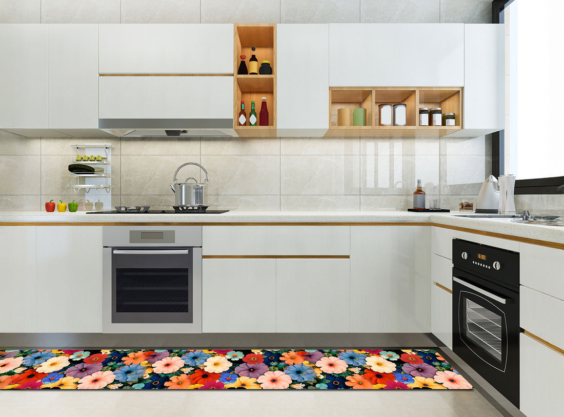 Passatoia Cucina Daily Joy in a modern kitchen with colorful floral design on the floor.