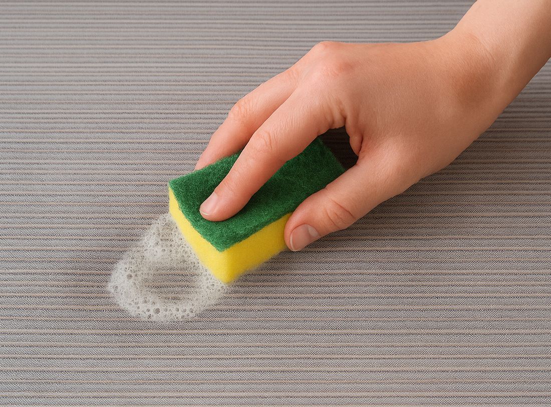Mano che utilizza una spugna per pulire la Passatoia Cucina Genia Beige con schiuma di sapone.