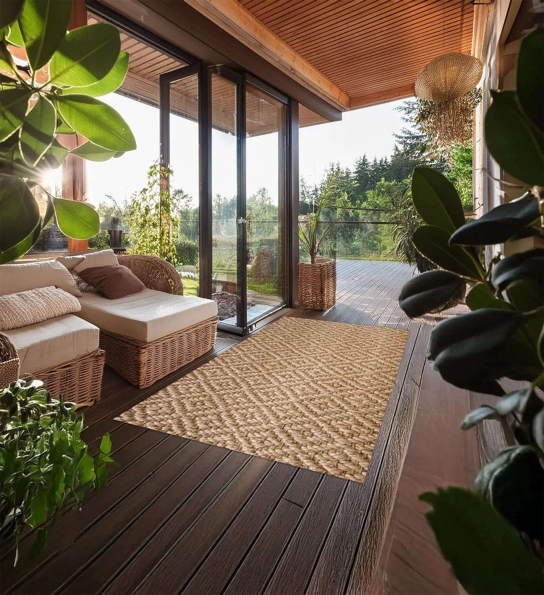 Tappeto Skin Vimini in un ambiente elegante e naturale con mobili in rattan e piante verdi.