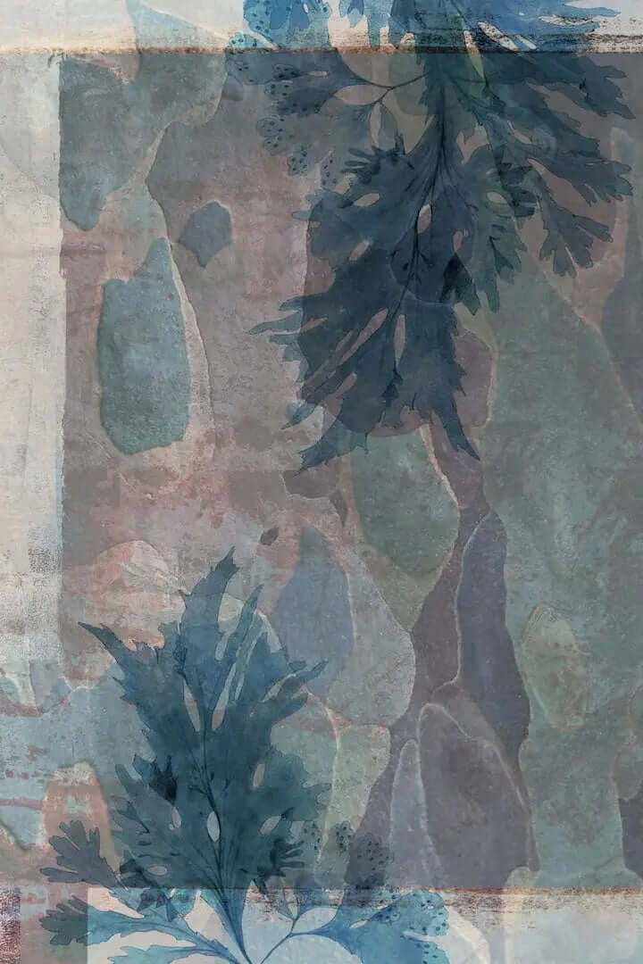 Tappeto Indoor Acacia, design elegante con foglie verdi su sfondo astratto in toni blu, ideale per decorare spazi interni.